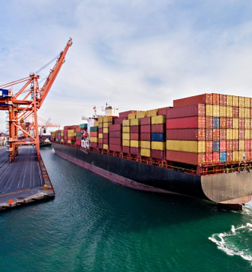 Aerial view of cargo ship in transit.