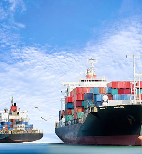 Container Cargo ship in the ocean with Birds flying in blue sky, Freight Transportation.